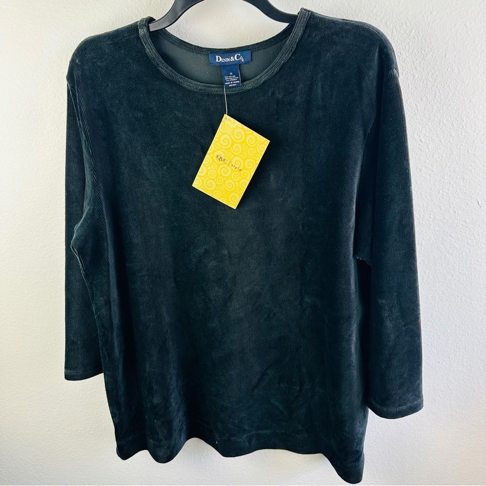 Denim & Co. Black Stretch Corduroy Long Sleeve Top Size 1X NWT